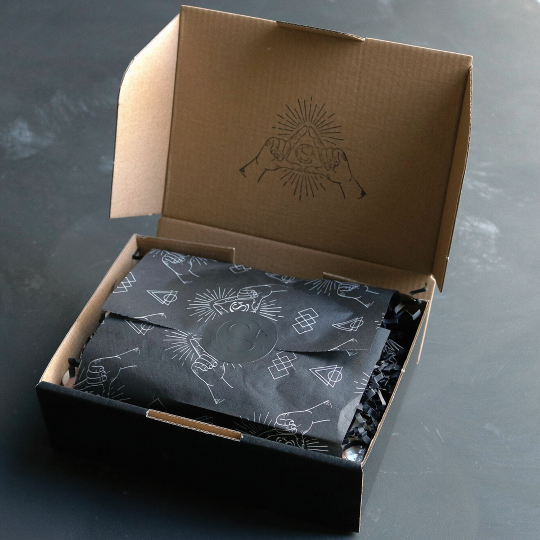 soap cult australia black gift box with custom tissue paper and black shred