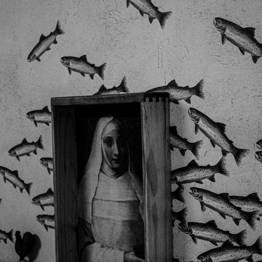 grayscale wall with boxed nun and fish wallpaper