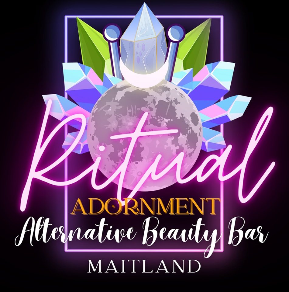 logo for ritual adornment shop moon with crystals and neon text