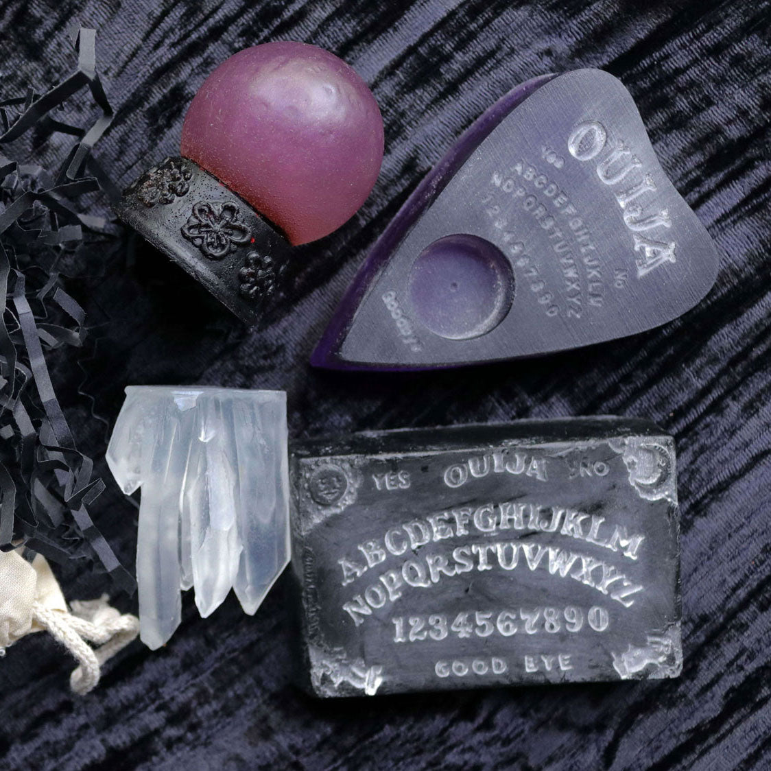 close up of contents of witchy wisdom soap set