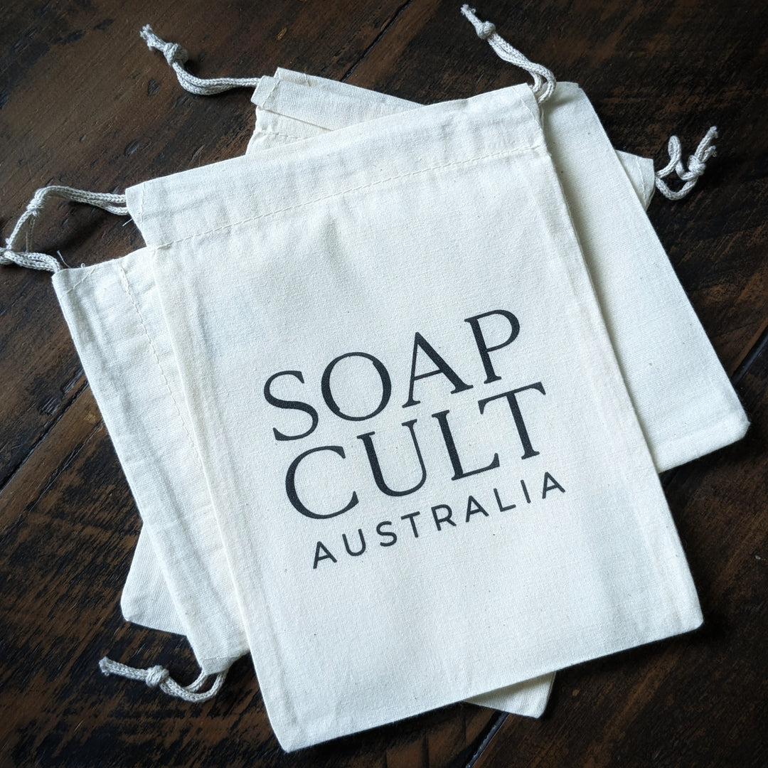 branded soap cult australia calico gift bag on rustic wooden table