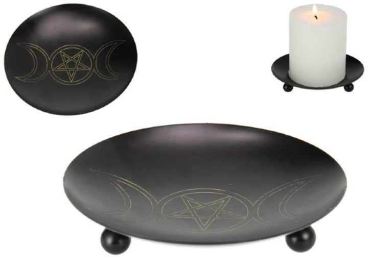 petite altar plate offering bowl candle holder with triple moon and pentacle 
