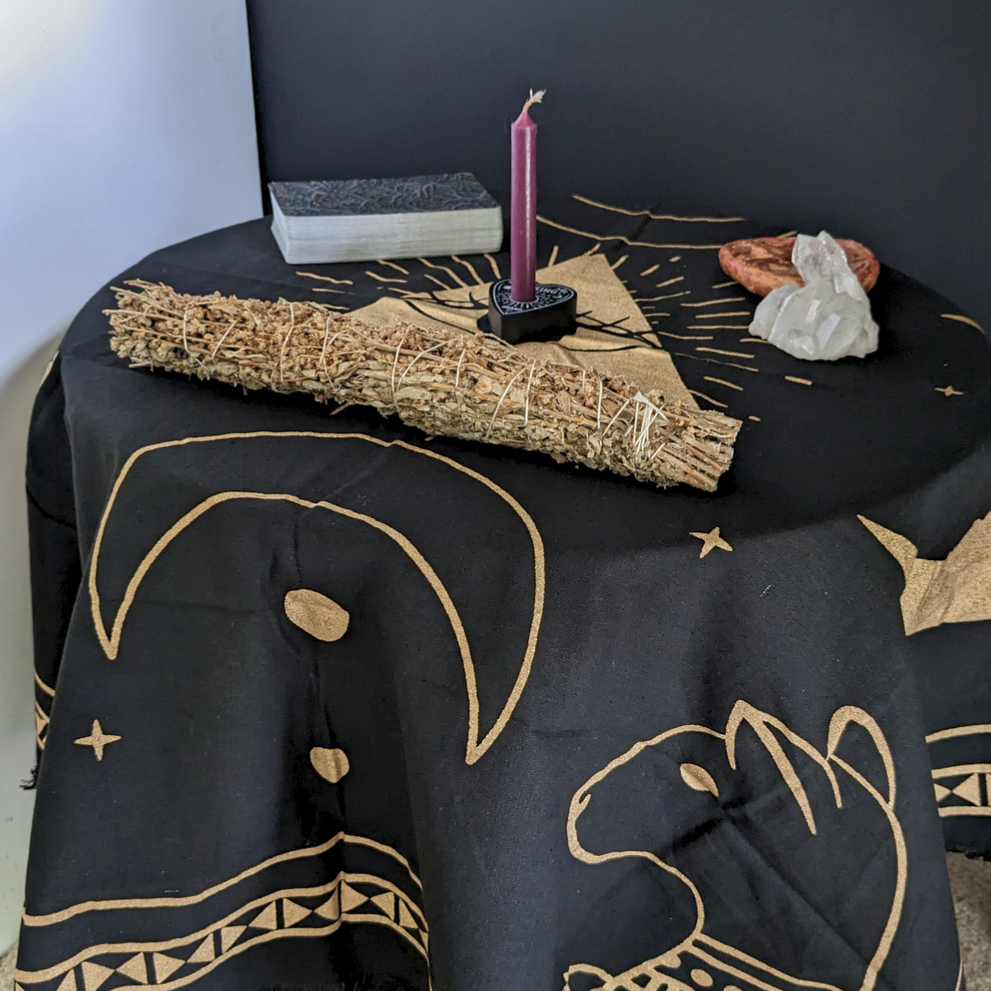 crescent moon and eqyptian bast cat goddess altar tarot cloth tapestry black with gold print